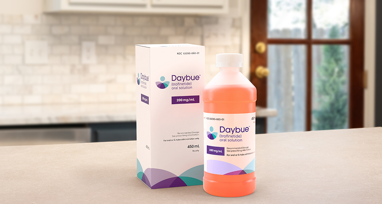 DAYBUE® (trofinetide) oral solution bottle and packaging.